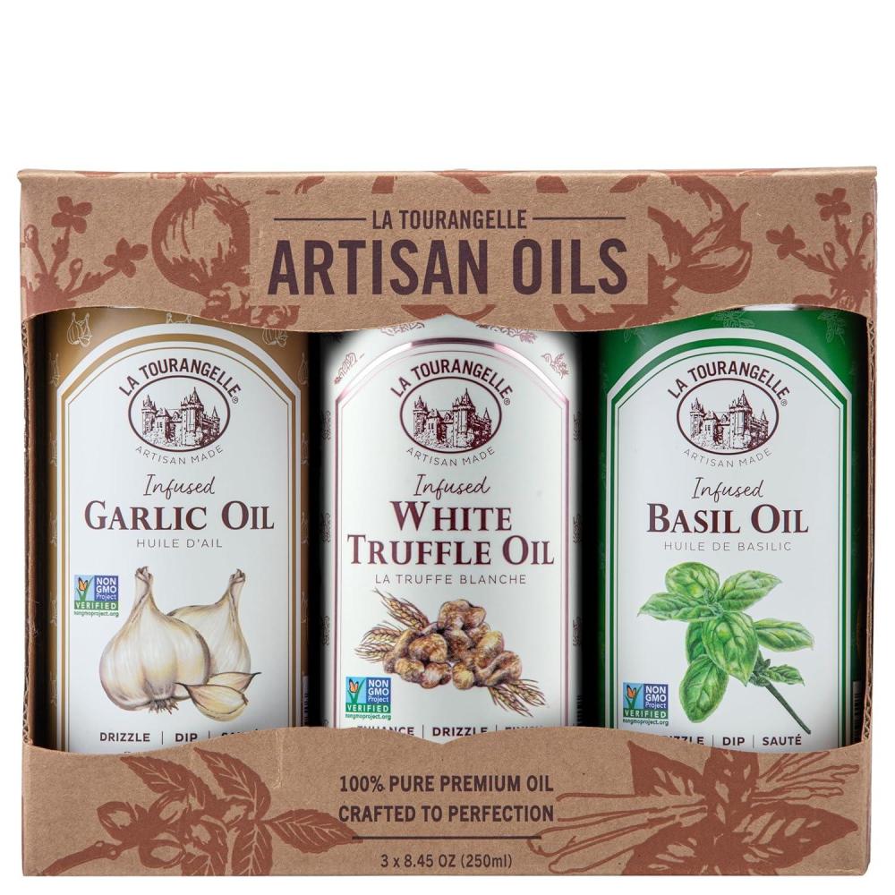 image:imageLa Tourangelle White Truffle Oil amp Black Truffle Oil Set Complex Gourmet Earthy Flavor for Drizzling over Pasta Popcorn Vegetables Potatoes Soup and More Gift Box 845 Fl Oz Each Set of 2GarlicWhite TruffleBasil Gift Box